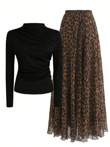 Women Solid Crew Neck Pleated Fitted Long Sleeve T-Shirt + Leopard Print Skirt