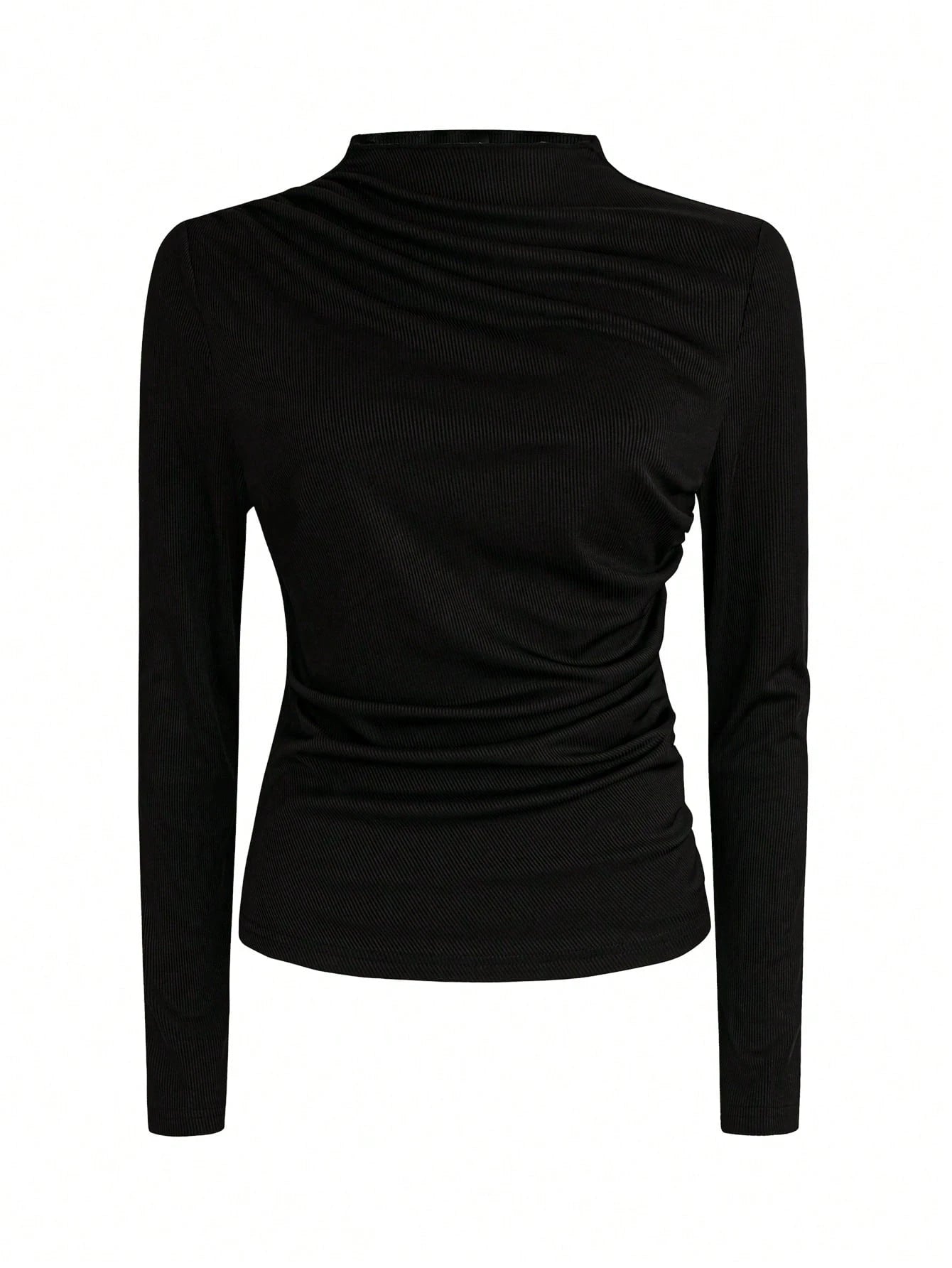 Women Solid Crew Neck Pleated Fitted Long Sleeve T-Shirt + Leopard Print Skirt