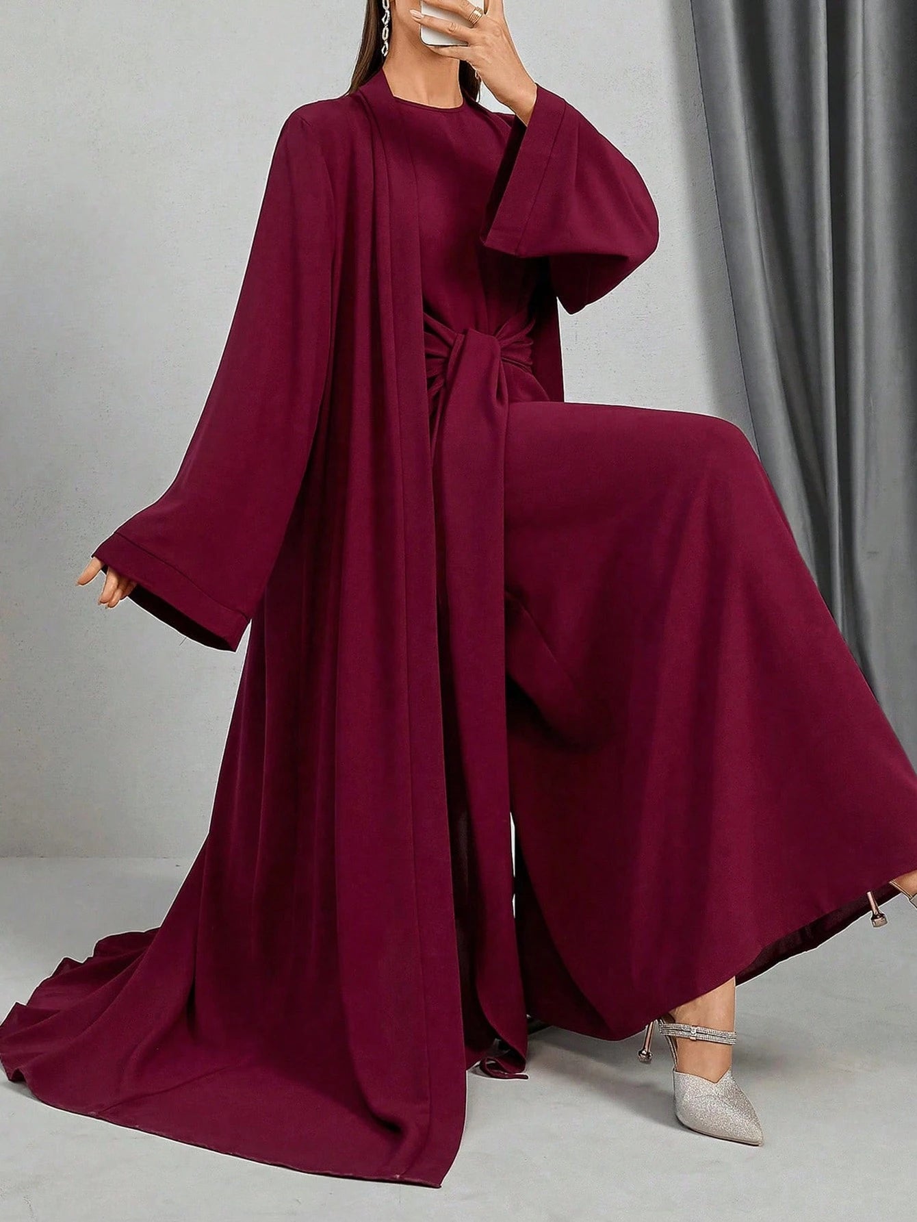 Women Loose Wrap Abaya Kaftan With Tie Waist, Solid Color, Modest Robe shein