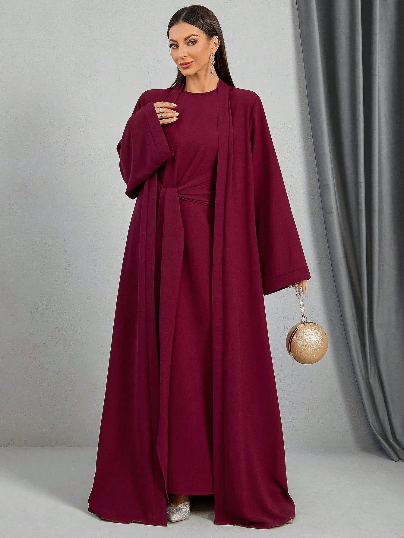 Women Loose Wrap Abaya Kaftan With Tie Waist, Solid Color, Modest Robe shein