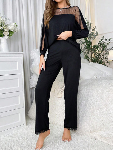 Women'S Mesh Panel Long Sleeve Top And Pants Pajama Set shein