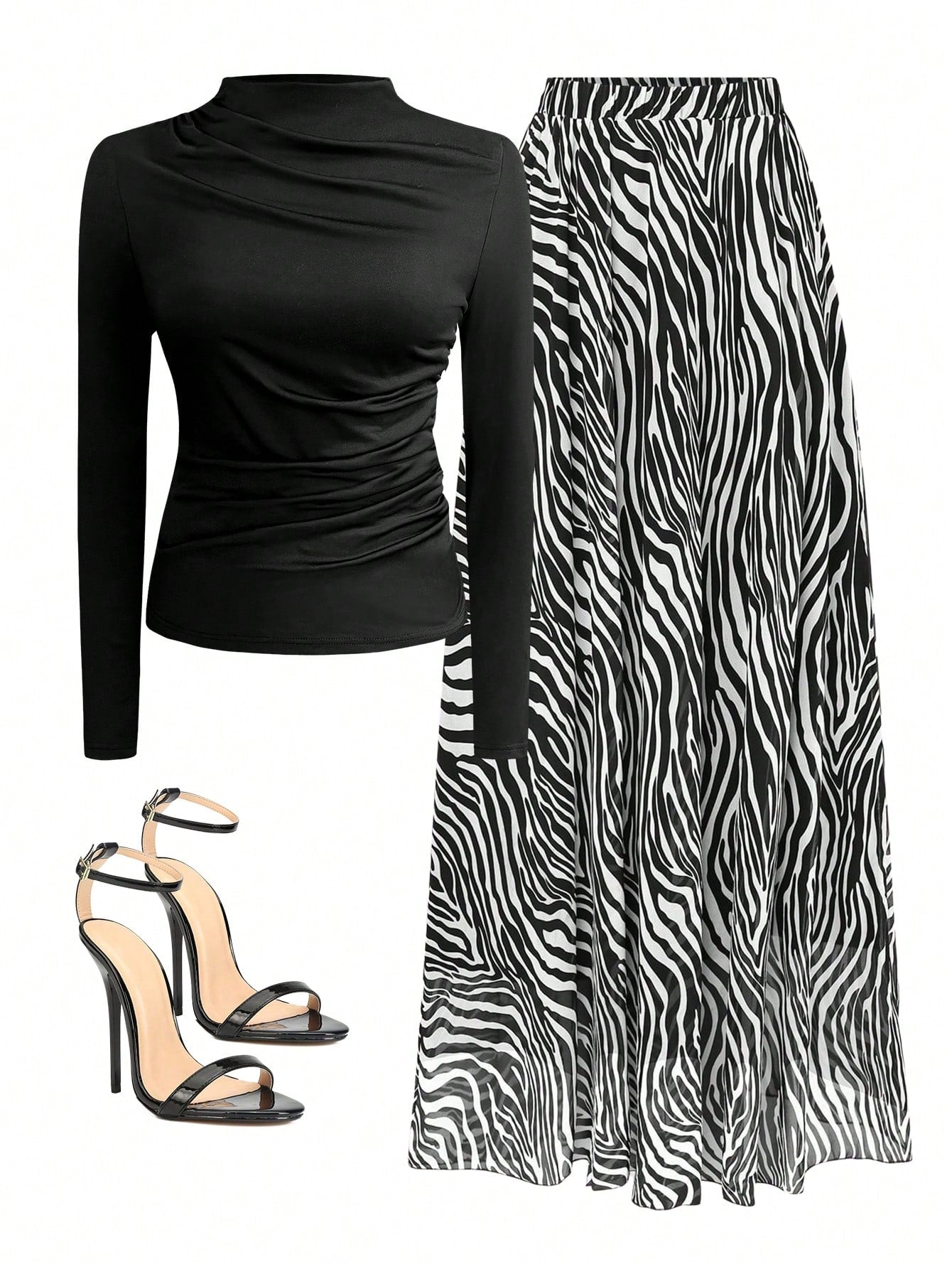 Women Solid Crew Neck Pleated Fitted Long Sleeve T-Shirt + Leopard Print Skirt