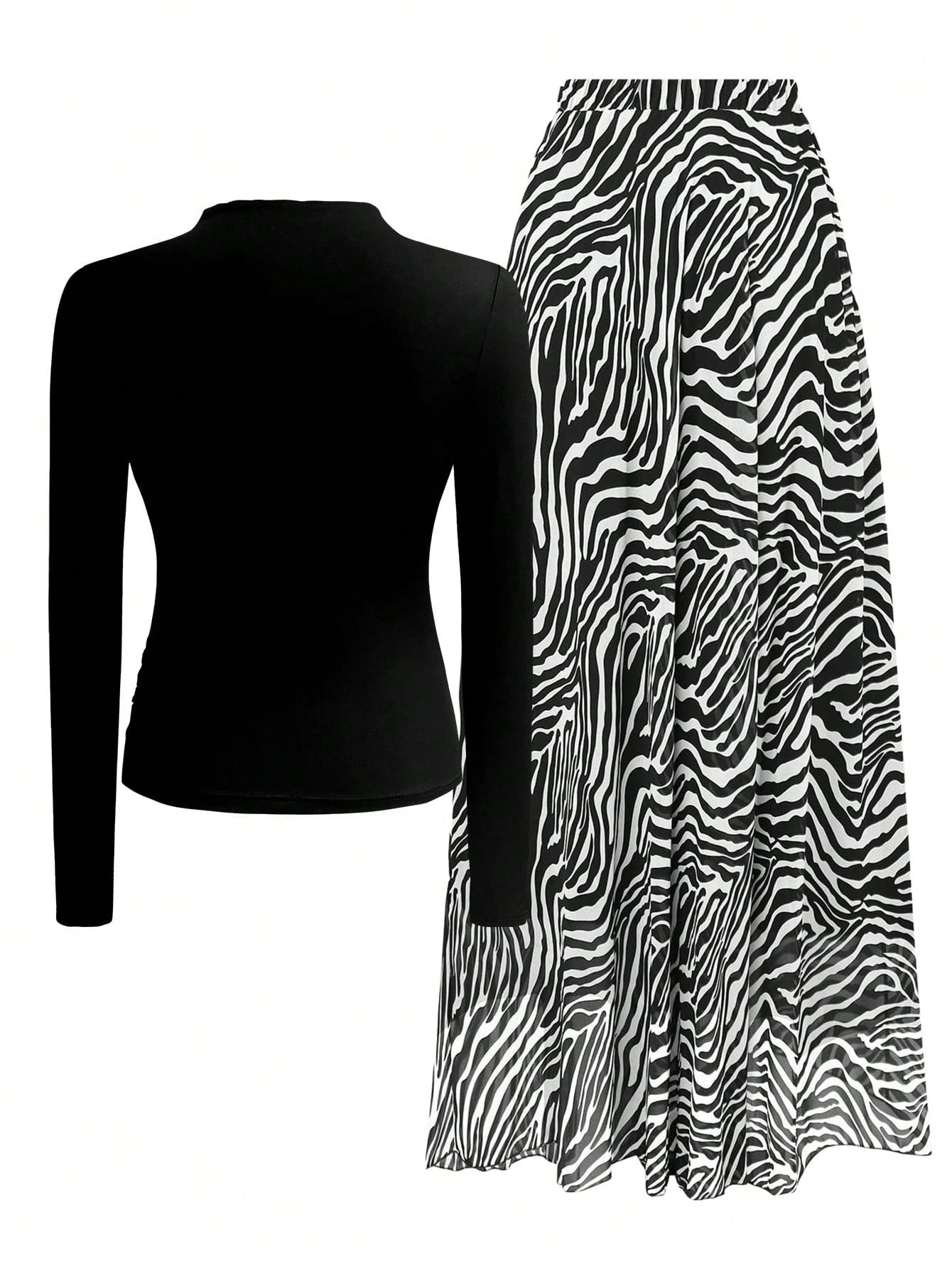 Women Solid Crew Neck Pleated Fitted Long Sleeve T-Shirt + Leopard Print Skirt