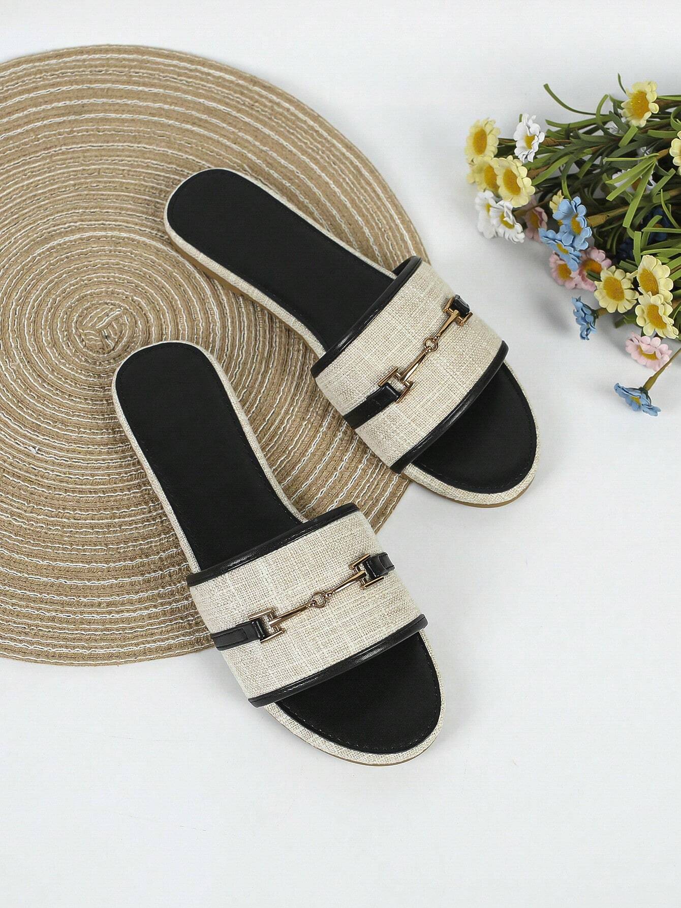 Women's Black Flat Sandals shein