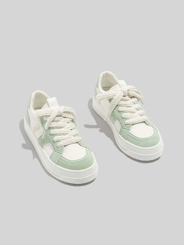 Women's Casual Sports Shoes - Spring Summer New Outdoor Fashionable Low-Top Round Toe Color Block Flat Leather Lace-Up Sneakers shein