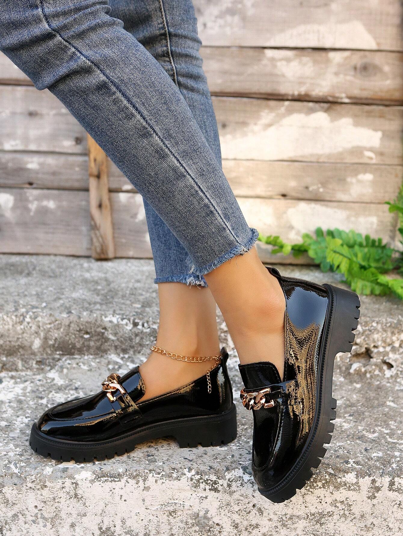 Women's Chunky Heel Loafers With Chain Decoration shein