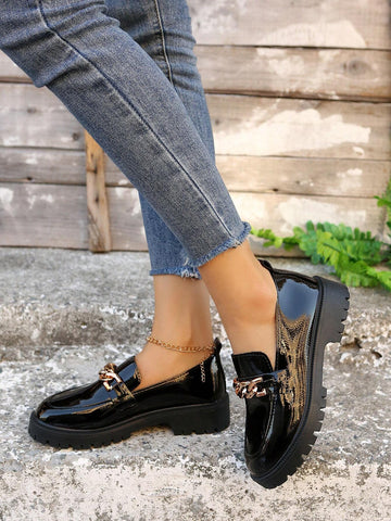 Women's Chunky Heel Loafers With Chain Decoration shein