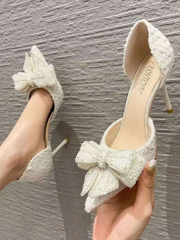 Women's Fashion Outdoor High Heels With Bowknot & Faux Pearl Decoration shein