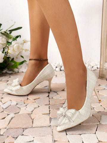 Women's Fashion Outdoor High Heels With Bowknot & Faux Pearl Decoration shein