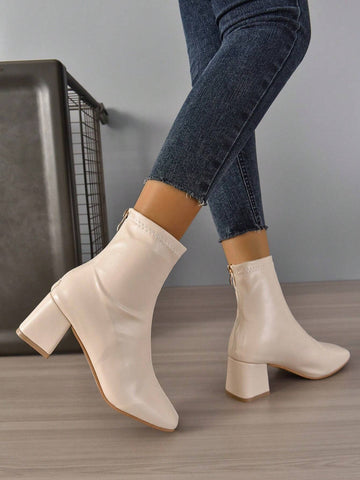 Women's Fashionable Square Toe Chunky Heel Back Zipper Boots shein