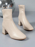 Women's Fashionable Square Toe Chunky Heel Back Zipper Boots shein