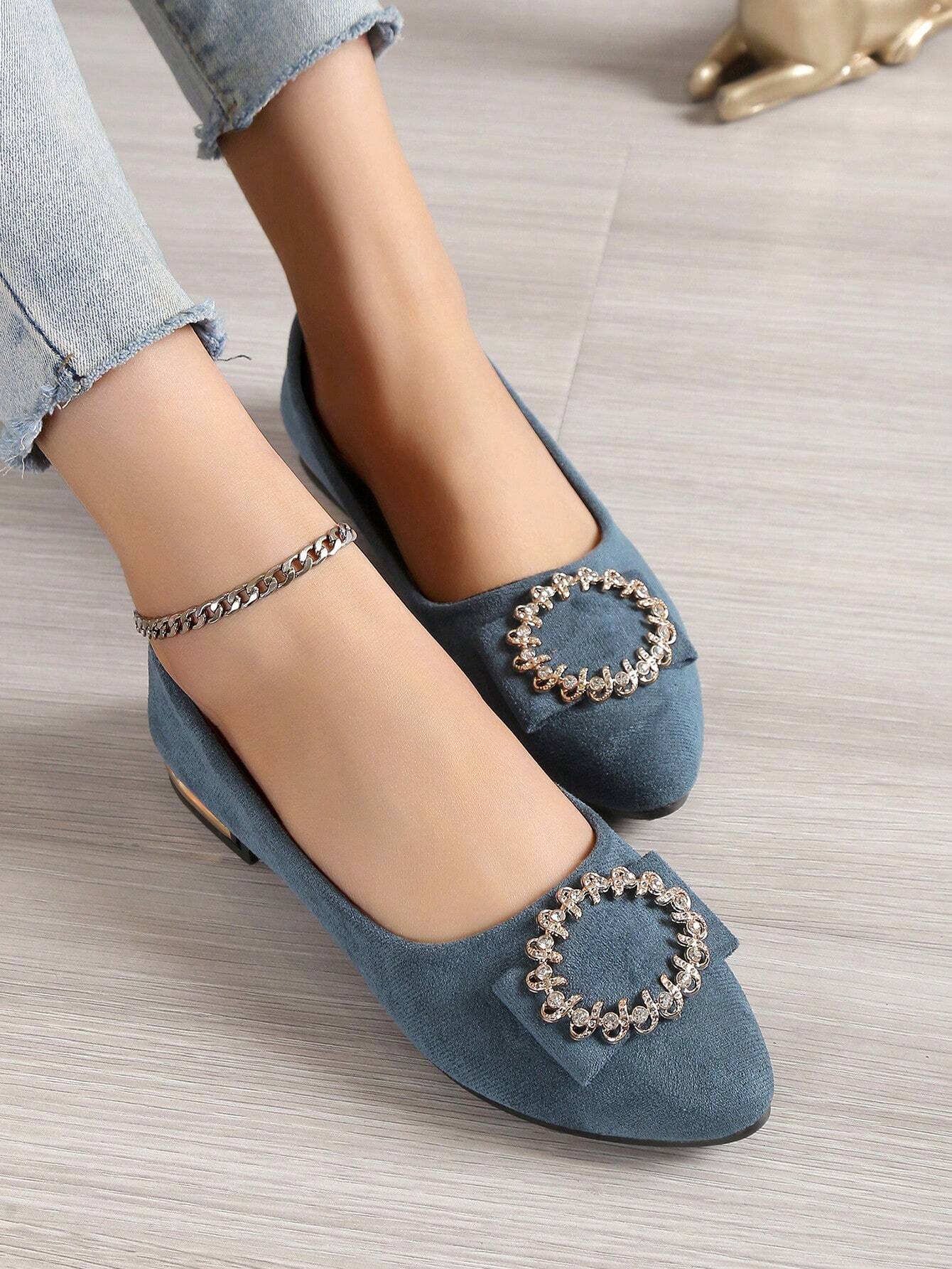 Women's Fashionable Velvet Bowknot Pointed Toe Comfortable Flat Shoes shein