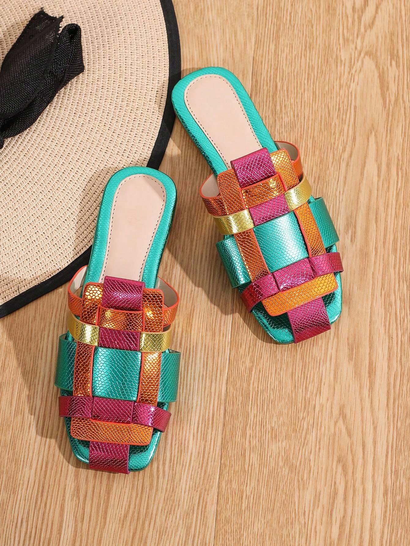 Women's Flat Sandals Color Block Slippers shein