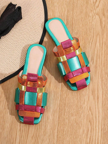 Women's Flat Sandals Color Block Slippers shein