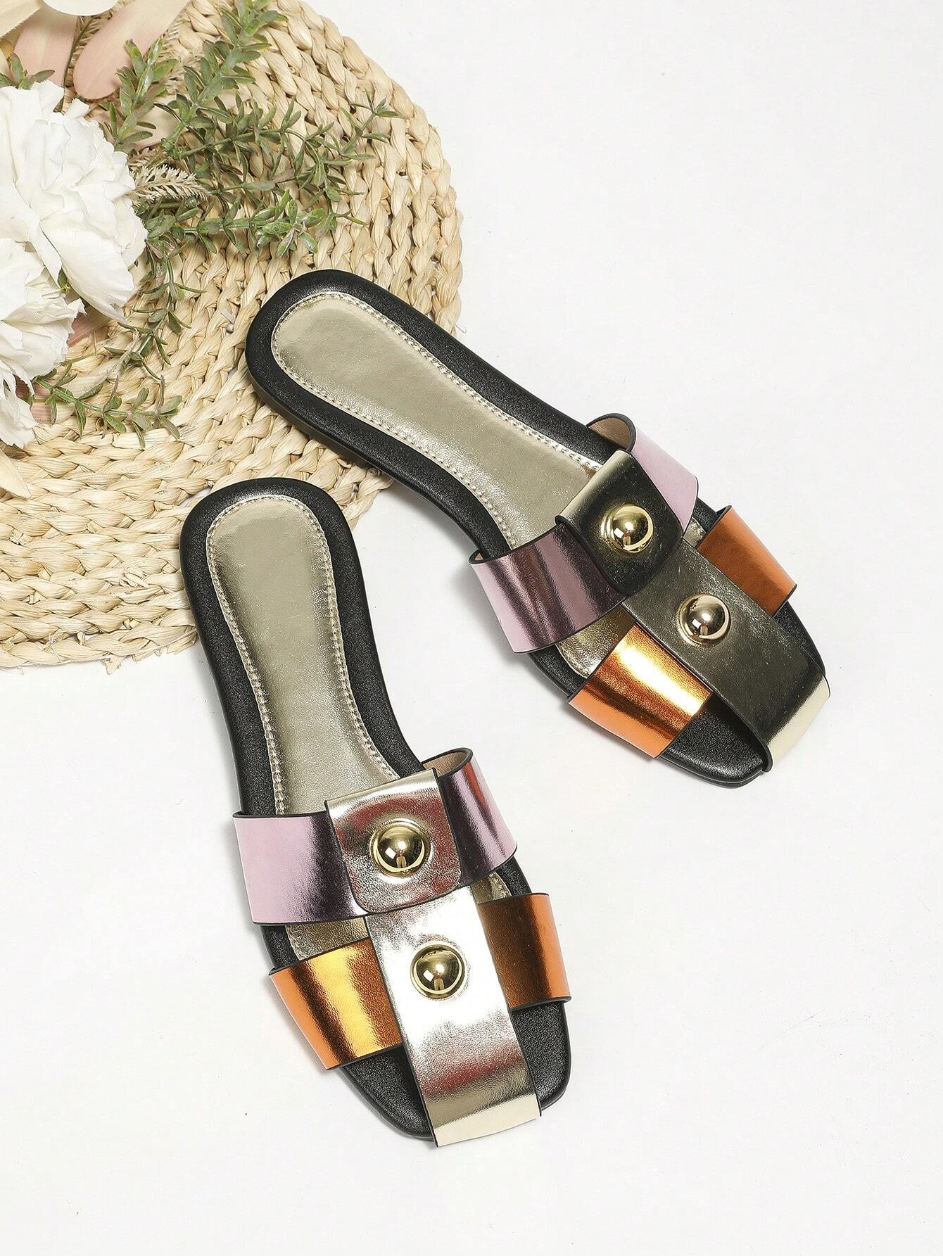 Women's Flat Sandals Color Block Slippers shein