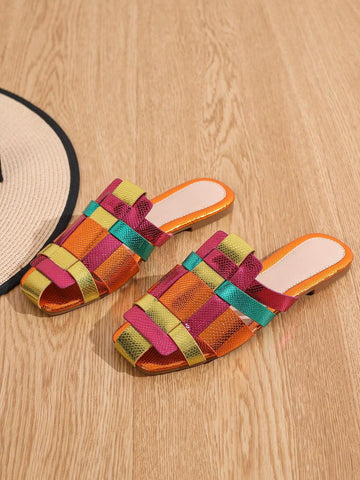 Women's Flat Sandals Color Block Slippers shein