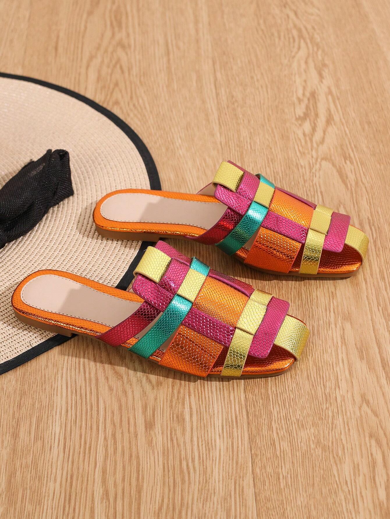 Women's Flat Sandals Color Block Slippers shein