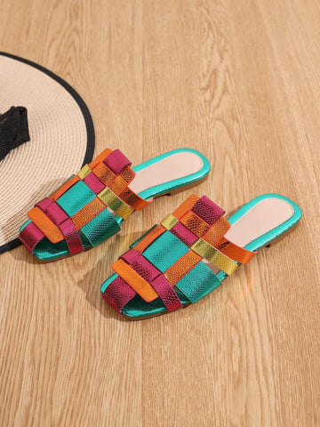 Women's Flat Sandals Color Block Slippers shein
