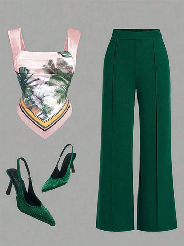 Sexy Elegant Bohemian Tropical Print Square Neck Camisole Tank Top And Plain Woven Casual Lounge Pants