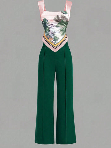 Sexy Elegant Bohemian Tropical Print Square Neck Camisole Tank Top And Plain Woven Casual Lounge Pants