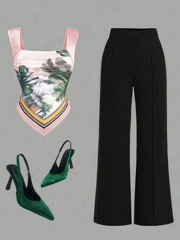 Sexy Elegant Bohemian Tropical Print Square Neck Camisole Tank Top And Plain Woven Casual Lounge Pants
