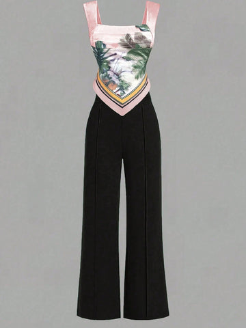 Sexy Elegant Bohemian Tropical Print Square Neck Camisole Tank Top And Plain Woven Casual Lounge Pants