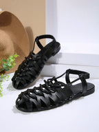 Women's Vintage Style Woven Hollow Closed Toe Chunky Heeled Sandals shein