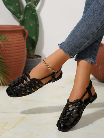 Women's Vintage Style Woven Hollow Closed Toe Chunky Heeled Sandals