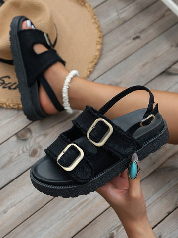 Women's Bohemian Printed Thick Heel Wedge Sandals With Tassel Trim And Buckle Strap