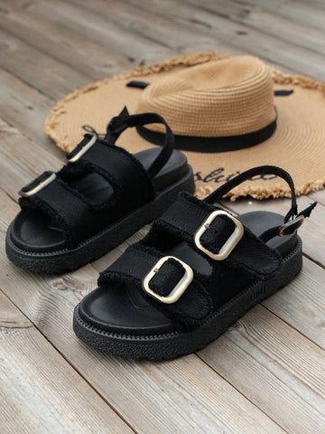 Women's Bohemian Printed Thick Heel Wedge Sandals With Tassel Trim And Buckle Strap
