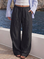 Faux Linen Drawstring Waist Wide Leg Long Pants