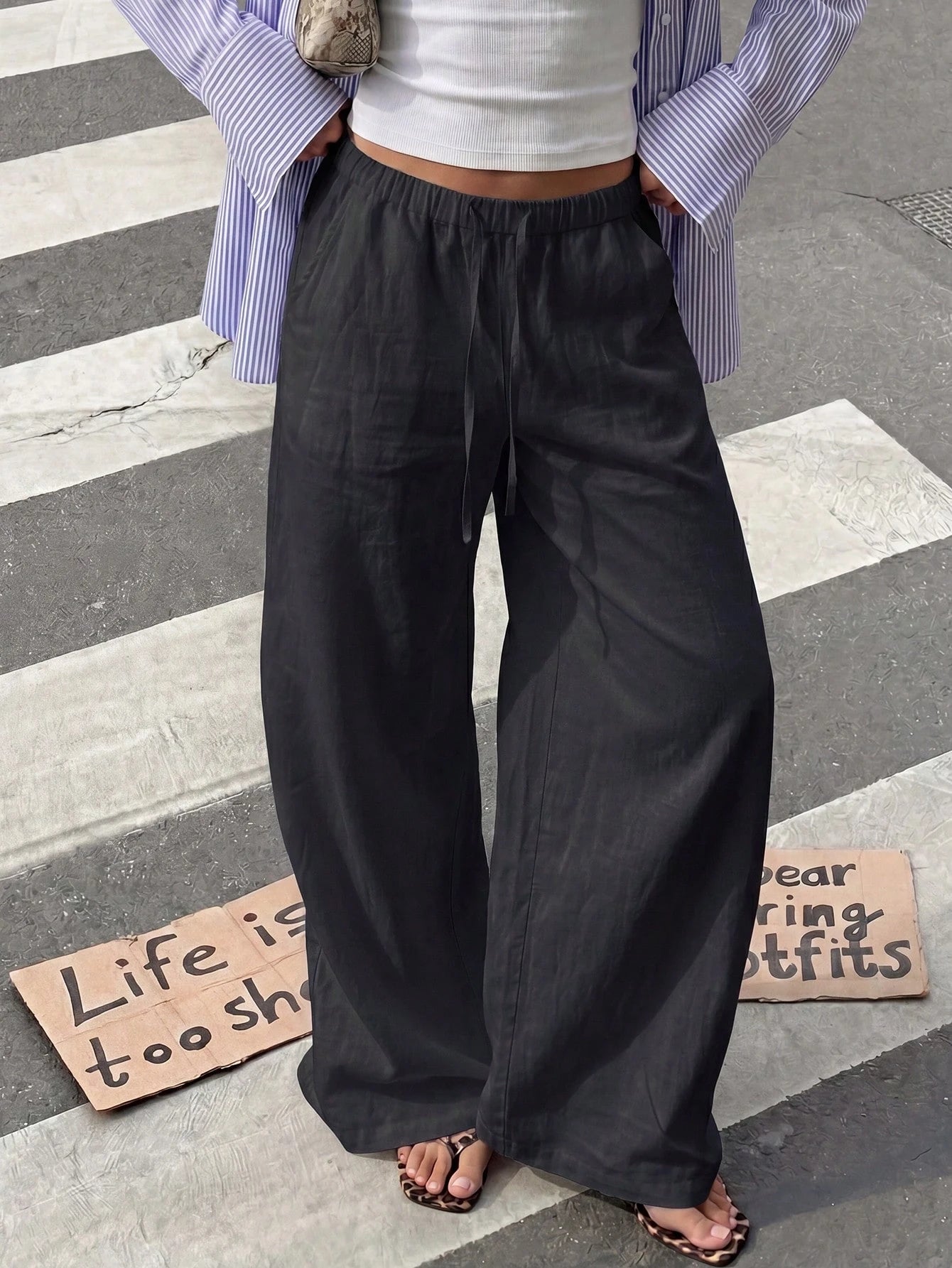 Faux Linen Drawstring Waist Wide Leg Long Pants