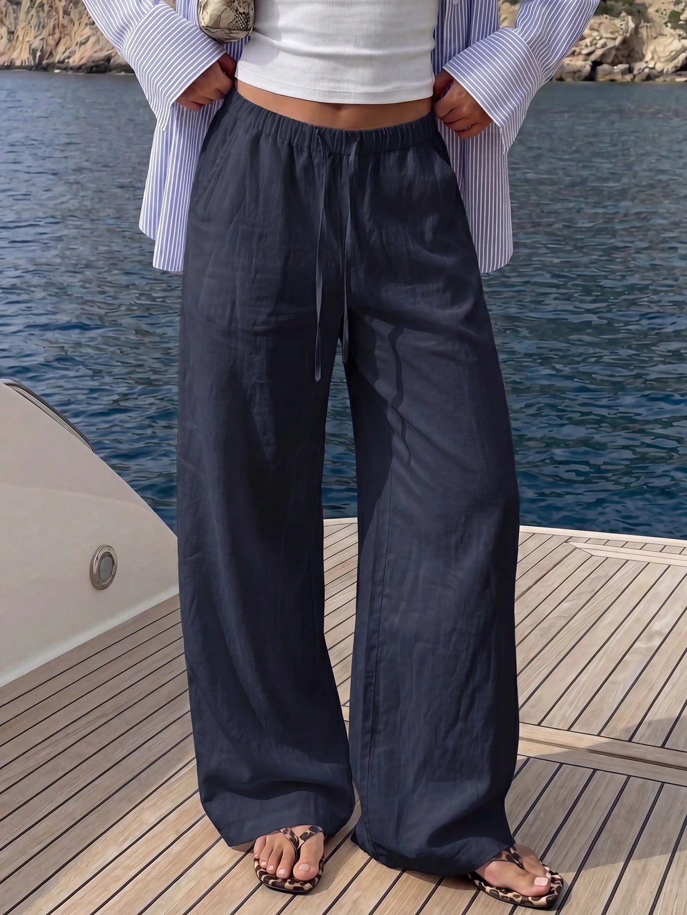 Faux Linen Drawstring Waist Wide Leg Long Pants