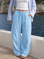 Faux Linen Drawstring Waist Wide Leg Long Pants