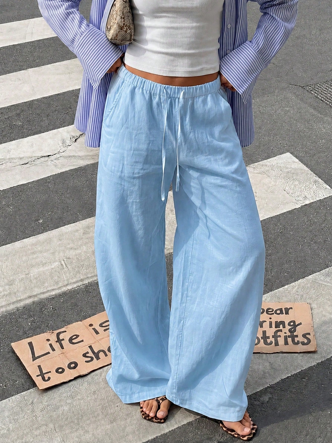 Faux Linen Drawstring Waist Wide Leg Long Pants