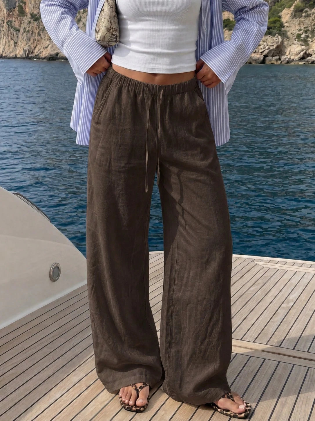 Faux Linen Drawstring Waist Wide Leg Long Pants