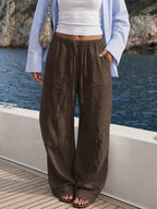 Faux Linen Drawstring Waist Wide Leg Long Pants