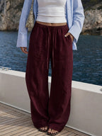 Faux Linen Drawstring Waist Wide Leg Long Pants