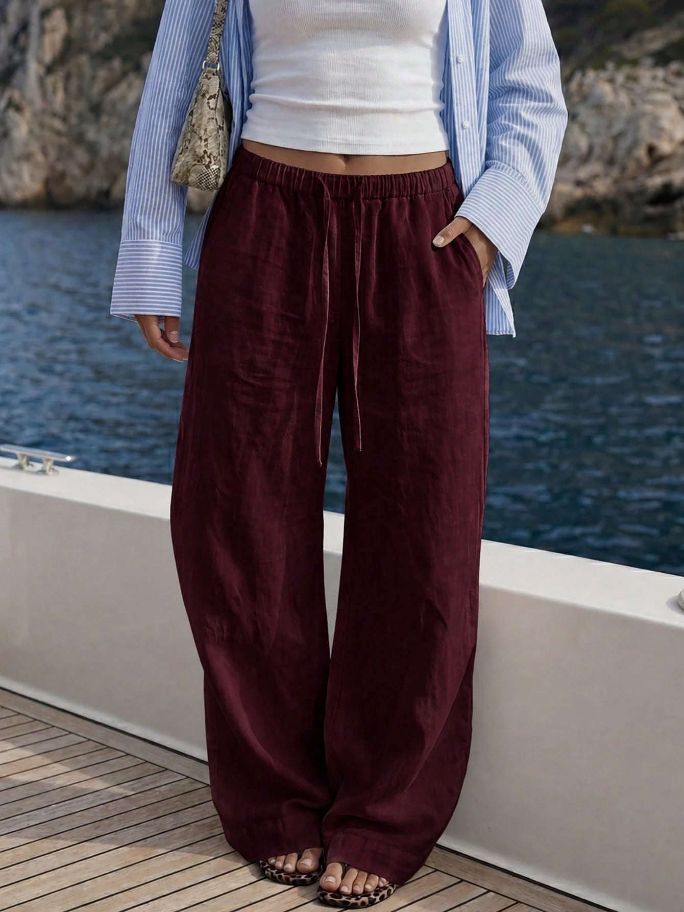 Faux Linen Drawstring Waist Wide Leg Long Pants
