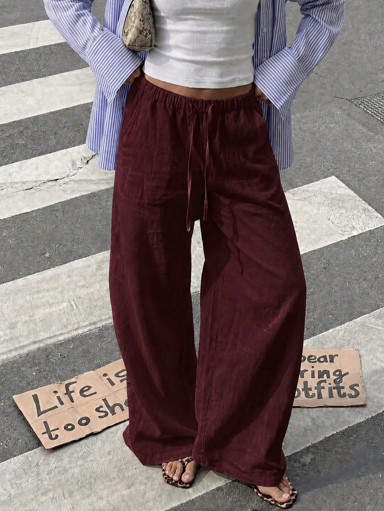 Faux Linen Drawstring Waist Wide Leg Long Pants