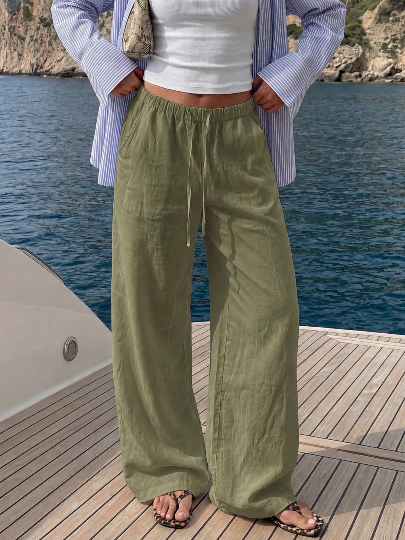 Faux Linen Drawstring Waist Wide Leg Long Pants