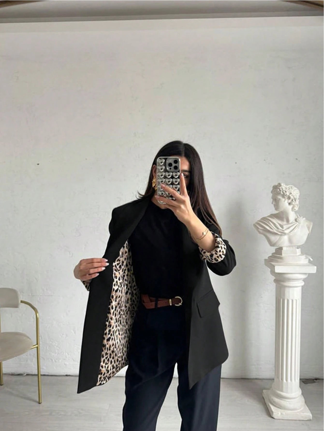 Women's Lightweight Leopard Print Casual Loose Blazer Jacket, With Contrast Color Lining