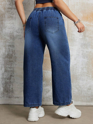 Women's Casual Loose Elastic Waist Straight Leg Jeans