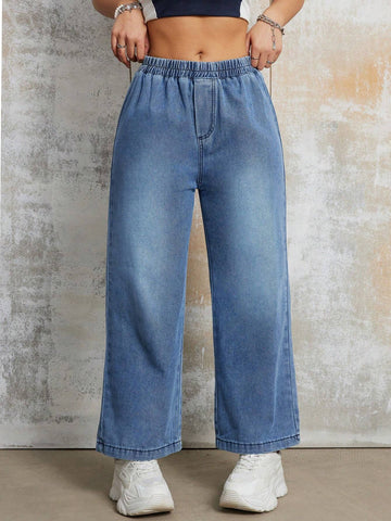 Women's Casual Loose Elastic Waist Straight Leg Jeans