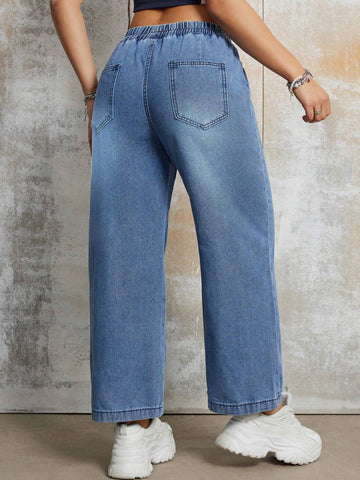 Women's Casual Loose Elastic Waist Straight Leg Jeans
