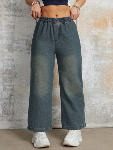 Women's Casual Loose Elastic Waist Straight Leg Jeans