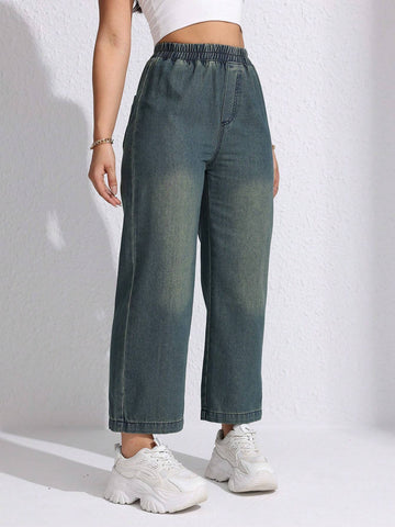 Women's Casual Loose Elastic Waist Straight Leg Jeans
