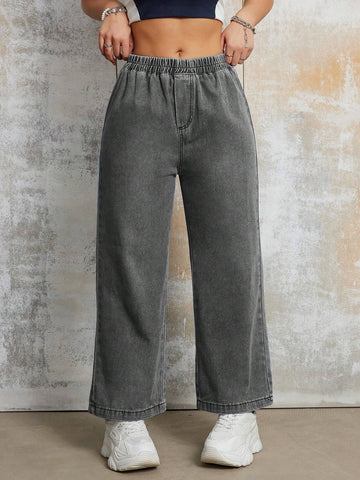Women's Casual Loose Elastic Waist Straight Leg Jeans