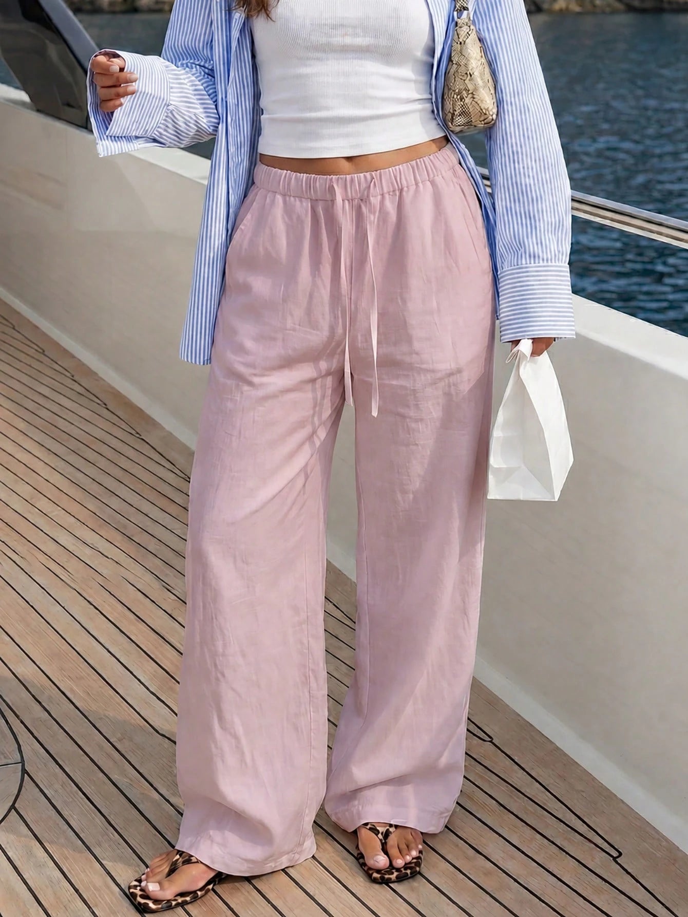 Faux Linen Drawstring Waist Wide Leg Long Pants
