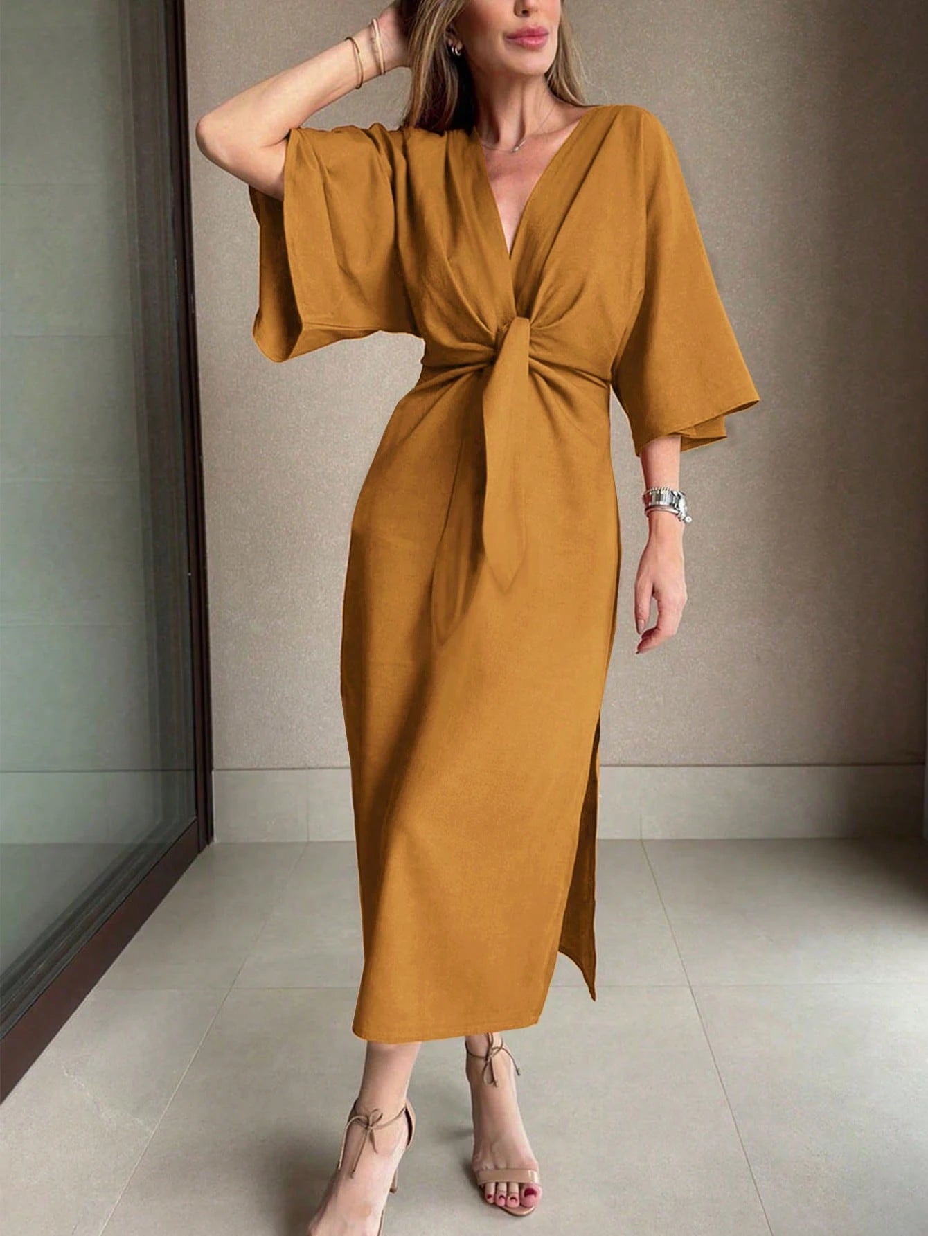 Women's Solid Color Waist Knot 3/4 Sleeve Elegant Midi Dress shein